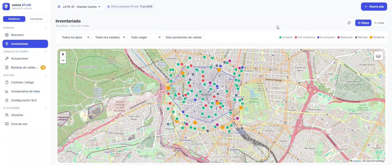 Seevia ATLAS web platform: asset inventory on the map, coloured by condition