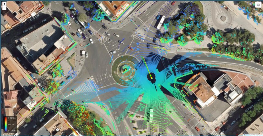 Seevia ATLAS point cloud fused with GNSS over the satellite view of a roundabout