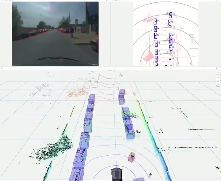 Cámara, vista cenital y escena 3D con los objetos detectados